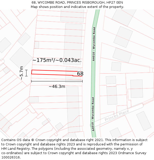 68, WYCOMBE ROAD, PRINCES RISBOROUGH, HP27 0EN: Plot and title map
