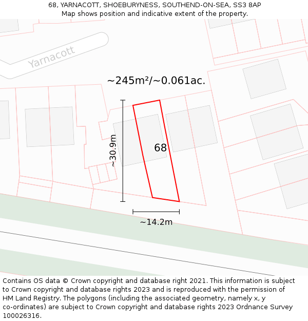 68, YARNACOTT, SHOEBURYNESS, SOUTHEND-ON-SEA, SS3 8AP: Plot and title map