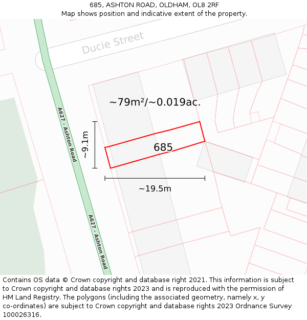 685, ASHTON ROAD, OLDHAM, OL8 2RF: Plot and title map