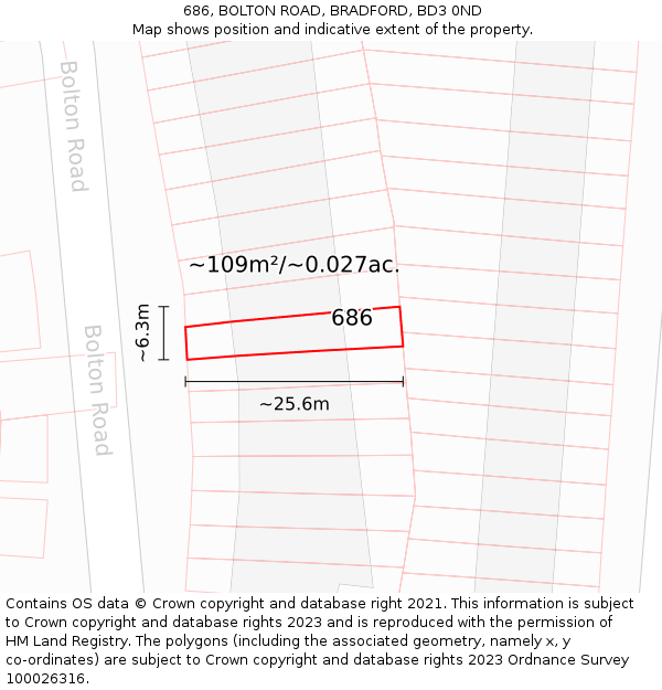 686, BOLTON ROAD, BRADFORD, BD3 0ND: Plot and title map
