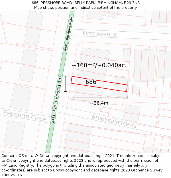 686, PERSHORE ROAD, SELLY PARK, BIRMINGHAM, B29 7NR: Plot and title map