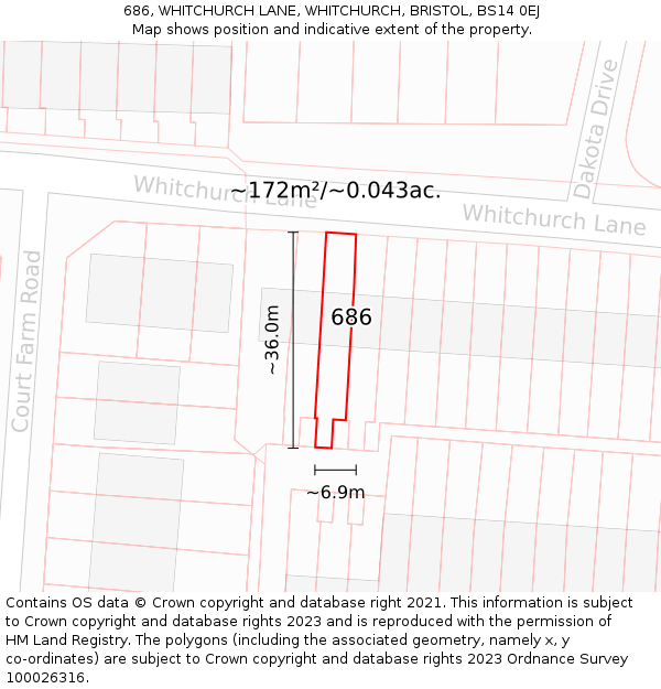 686, WHITCHURCH LANE, WHITCHURCH, BRISTOL, BS14 0EJ: Plot and title map