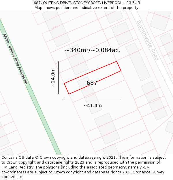 687, QUEENS DRIVE, STONEYCROFT, LIVERPOOL, L13 5UB: Plot and title map