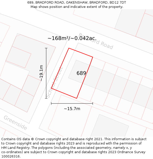 689, BRADFORD ROAD, OAKENSHAW, BRADFORD, BD12 7DT: Plot and title map