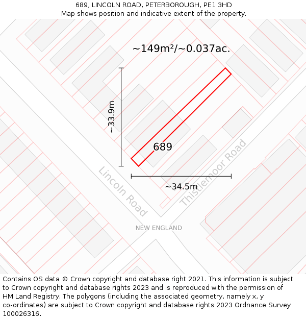 689, LINCOLN ROAD, PETERBOROUGH, PE1 3HD: Plot and title map