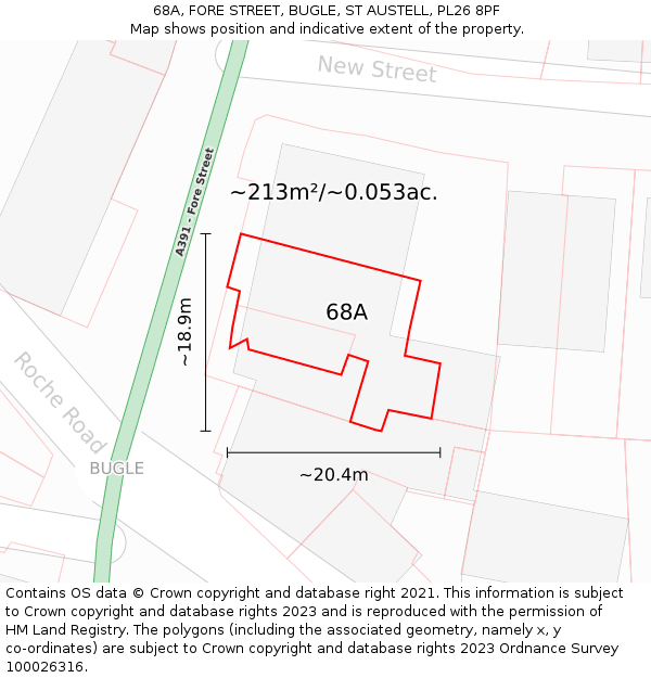 68A, FORE STREET, BUGLE, ST AUSTELL, PL26 8PF: Plot and title map