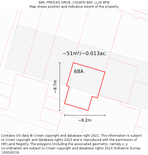 68A, PRINCES DRIVE, COLWYN BAY, LL29 8PW: Plot and title map