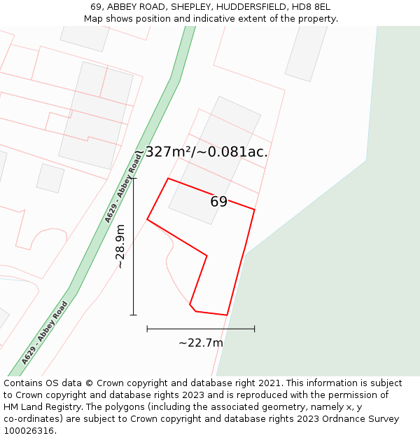 69, ABBEY ROAD, SHEPLEY, HUDDERSFIELD, HD8 8EL: Plot and title map