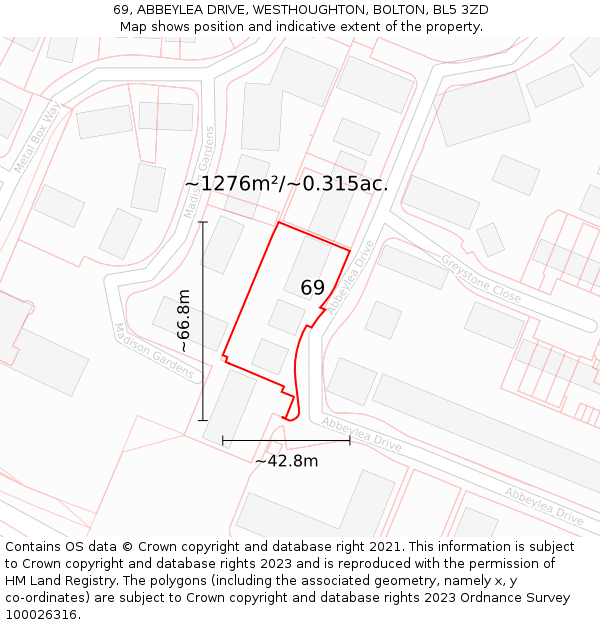 69, ABBEYLEA DRIVE, WESTHOUGHTON, BOLTON, BL5 3ZD: Plot and title map