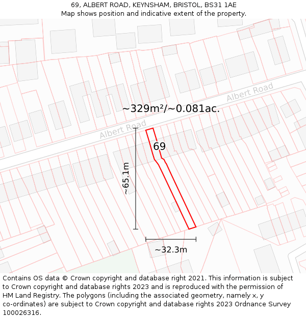69, ALBERT ROAD, KEYNSHAM, BRISTOL, BS31 1AE: Plot and title map