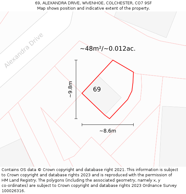 69, ALEXANDRA DRIVE, WIVENHOE, COLCHESTER, CO7 9SF: Plot and title map