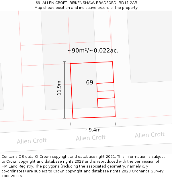 69, ALLEN CROFT, BIRKENSHAW, BRADFORD, BD11 2AB: Plot and title map