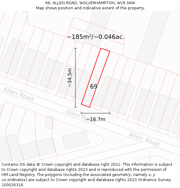 69, ALLEN ROAD, WOLVERHAMPTON, WV6 0AW: Plot and title map