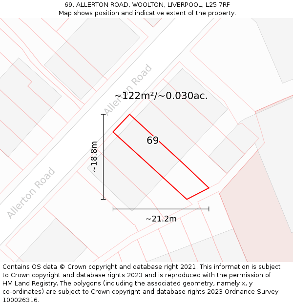 69, ALLERTON ROAD, WOOLTON, LIVERPOOL, L25 7RF: Plot and title map