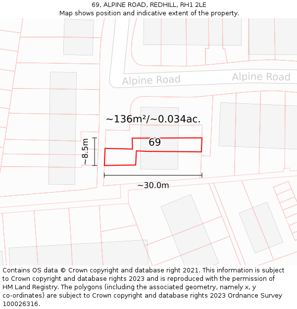 69, ALPINE ROAD, REDHILL, RH1 2LE: Plot and title map