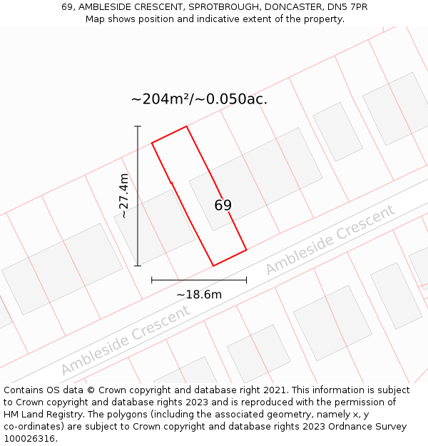 69, AMBLESIDE CRESCENT, SPROTBROUGH, DONCASTER, DN5 7PR: Plot and title map