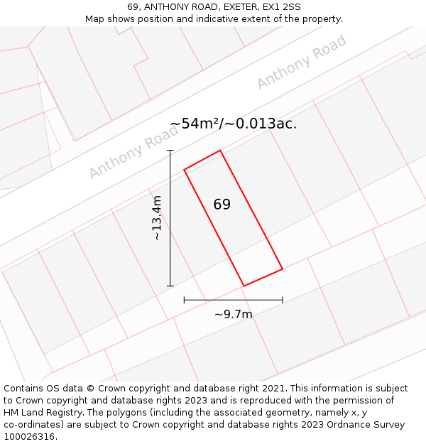 69, ANTHONY ROAD, EXETER, EX1 2SS: Plot and title map