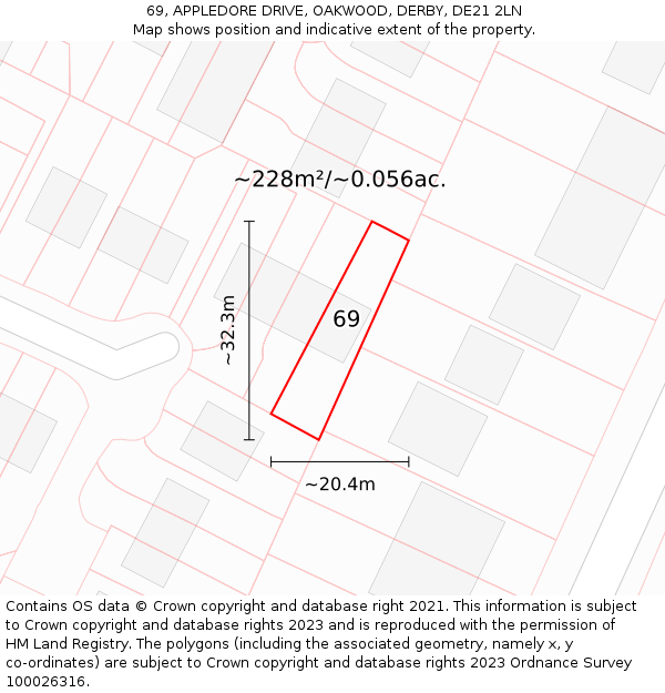 69, APPLEDORE DRIVE, OAKWOOD, DERBY, DE21 2LN: Plot and title map