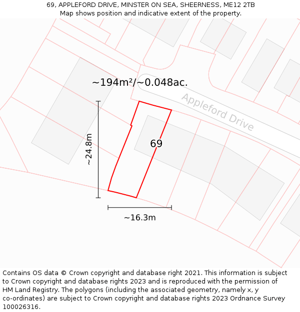 69, APPLEFORD DRIVE, MINSTER ON SEA, SHEERNESS, ME12 2TB: Plot and title map