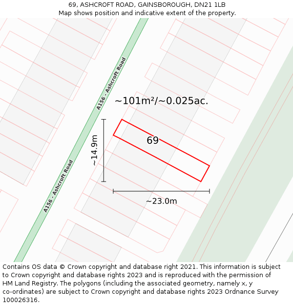 69, ASHCROFT ROAD, GAINSBOROUGH, DN21 1LB: Plot and title map