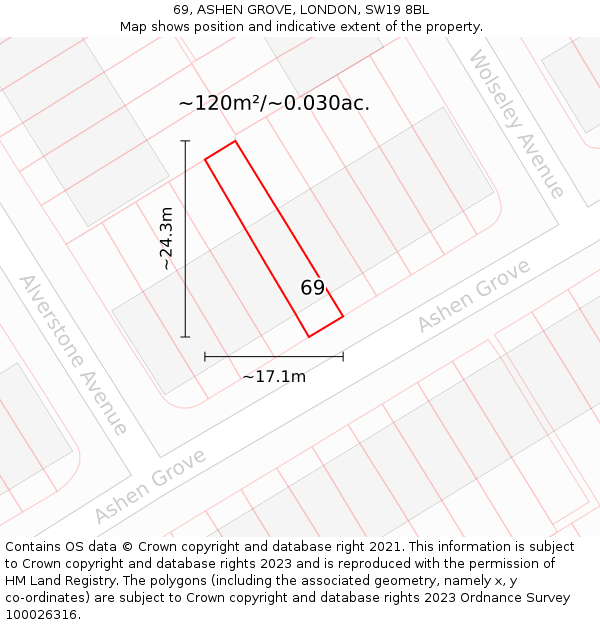 69, ASHEN GROVE, LONDON, SW19 8BL: Plot and title map