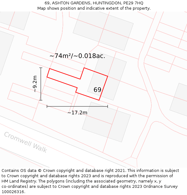 69, ASHTON GARDENS, HUNTINGDON, PE29 7HQ: Plot and title map