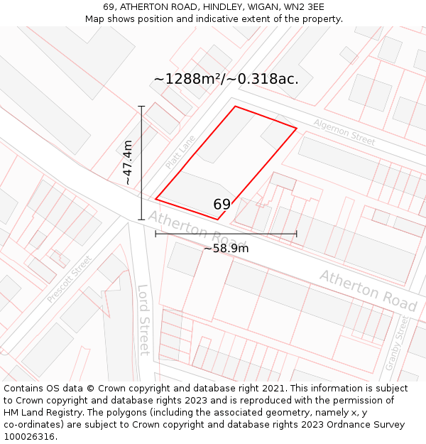 69, ATHERTON ROAD, HINDLEY, WIGAN, WN2 3EE: Plot and title map