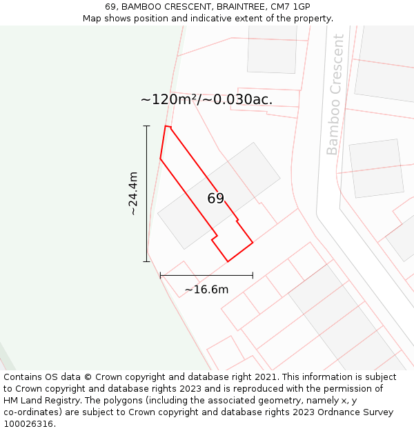 69, BAMBOO CRESCENT, BRAINTREE, CM7 1GP: Plot and title map