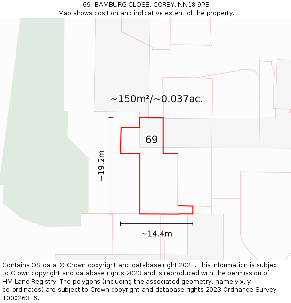 69, BAMBURG CLOSE, CORBY, NN18 9PB: Plot and title map