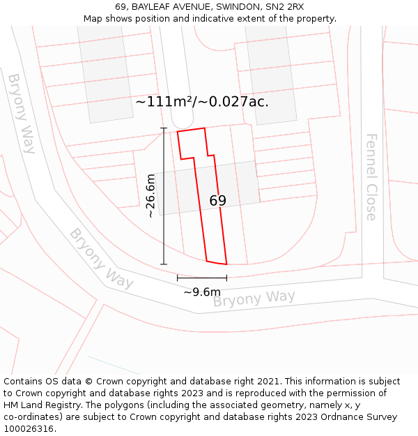 69, BAYLEAF AVENUE, SWINDON, SN2 2RX: Plot and title map