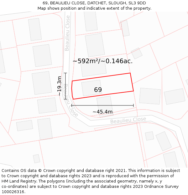 69, BEAULIEU CLOSE, DATCHET, SLOUGH, SL3 9DD: Plot and title map