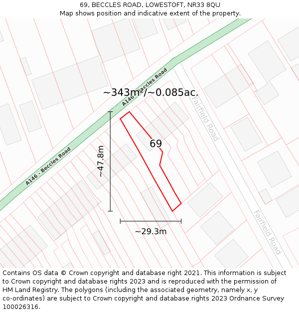 69, BECCLES ROAD, LOWESTOFT, NR33 8QU: Plot and title map