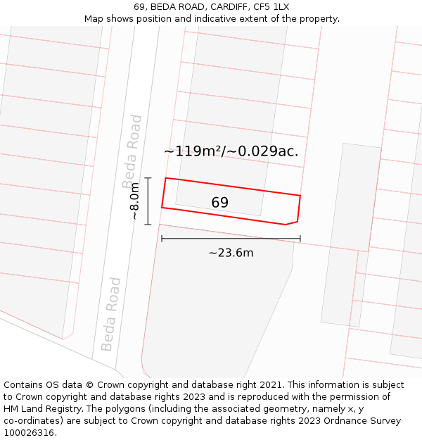69, BEDA ROAD, CARDIFF, CF5 1LX: Plot and title map