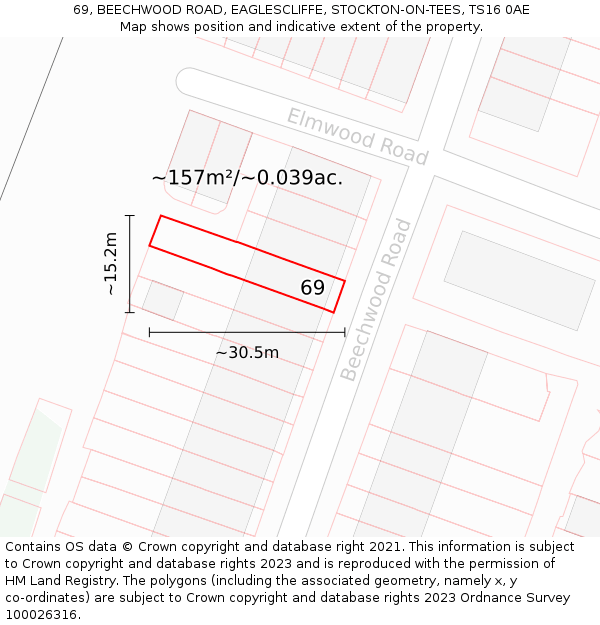 69, BEECHWOOD ROAD, EAGLESCLIFFE, STOCKTON-ON-TEES, TS16 0AE: Plot and title map