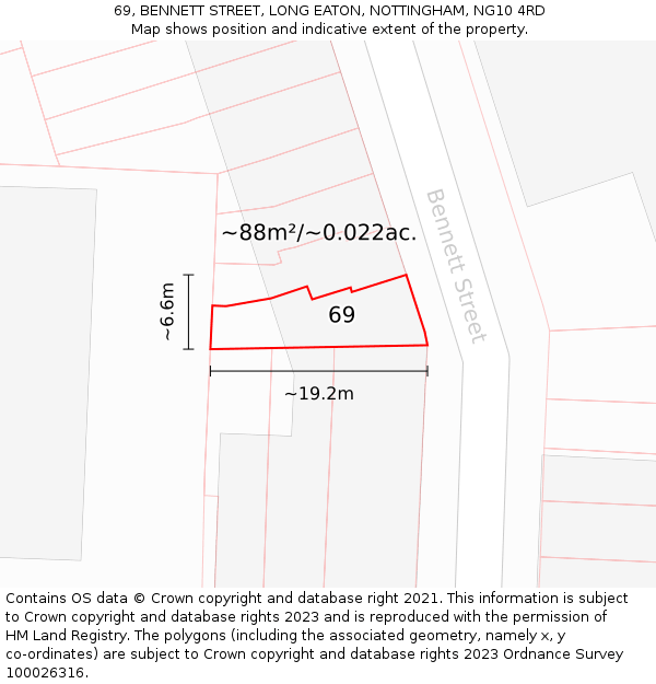 69, BENNETT STREET, LONG EATON, NOTTINGHAM, NG10 4RD: Plot and title map