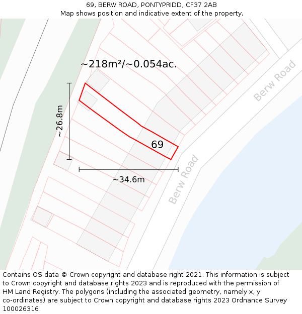 69, BERW ROAD, PONTYPRIDD, CF37 2AB: Plot and title map