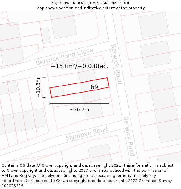 69, BERWICK ROAD, RAINHAM, RM13 9QL: Plot and title map