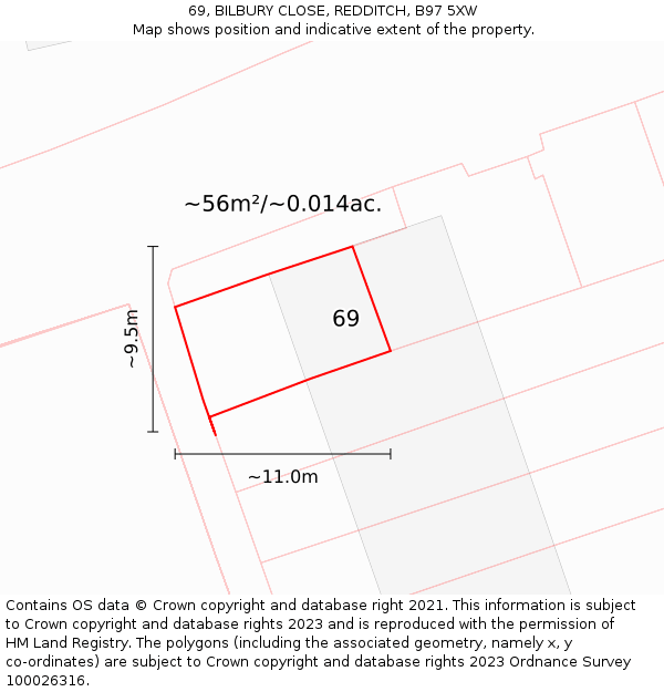 69, BILBURY CLOSE, REDDITCH, B97 5XW: Plot and title map