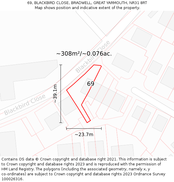 69, BLACKBIRD CLOSE, BRADWELL, GREAT YARMOUTH, NR31 8RT: Plot and title map