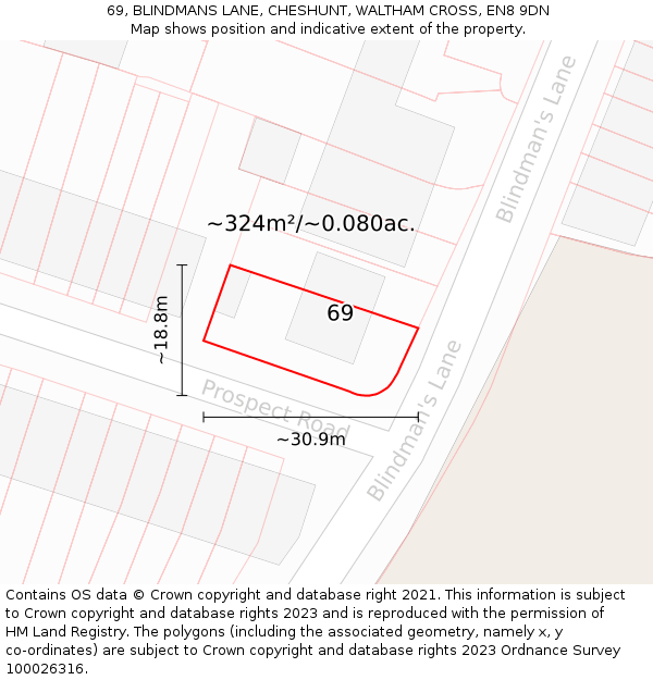69, BLINDMANS LANE, CHESHUNT, WALTHAM CROSS, EN8 9DN: Plot and title map