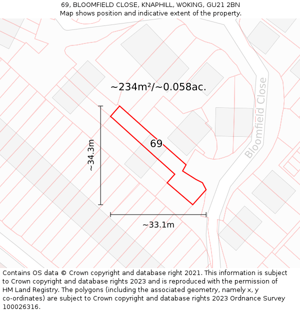 69, BLOOMFIELD CLOSE, KNAPHILL, WOKING, GU21 2BN: Plot and title map
