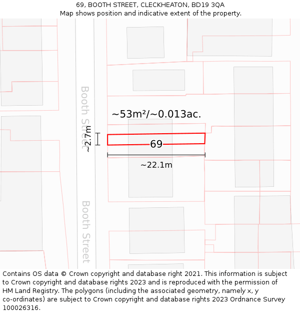 69, BOOTH STREET, CLECKHEATON, BD19 3QA: Plot and title map