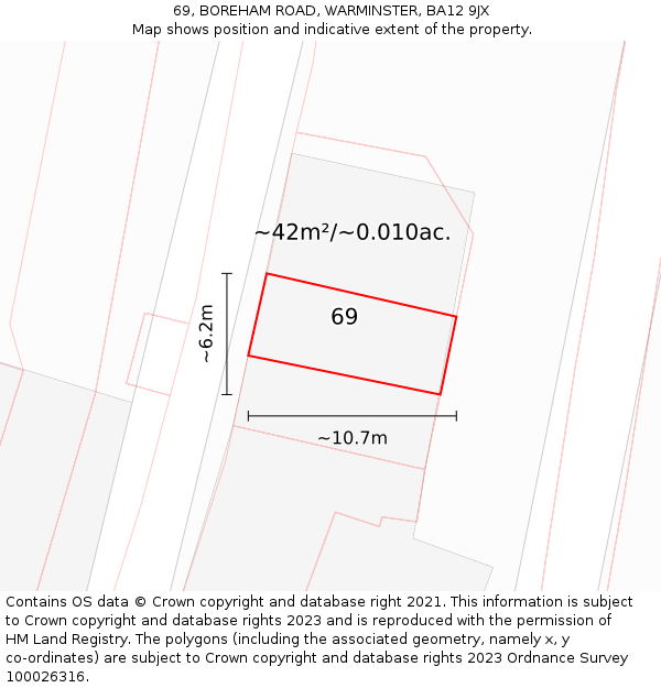 69, BOREHAM ROAD, WARMINSTER, BA12 9JX: Plot and title map