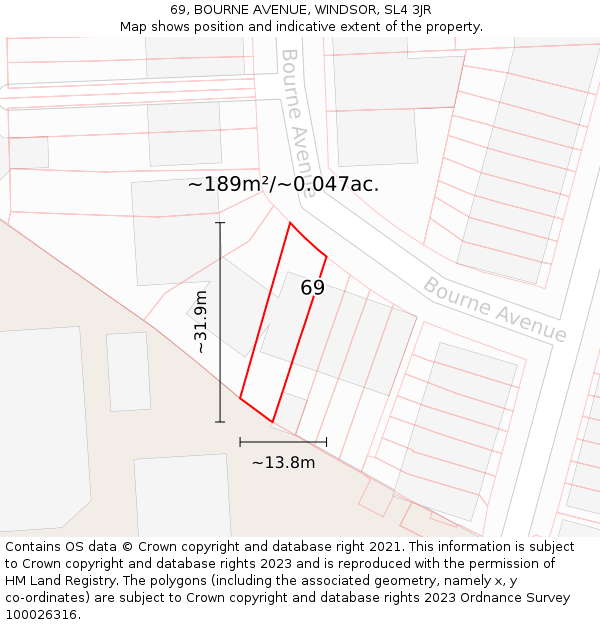 69, BOURNE AVENUE, WINDSOR, SL4 3JR: Plot and title map