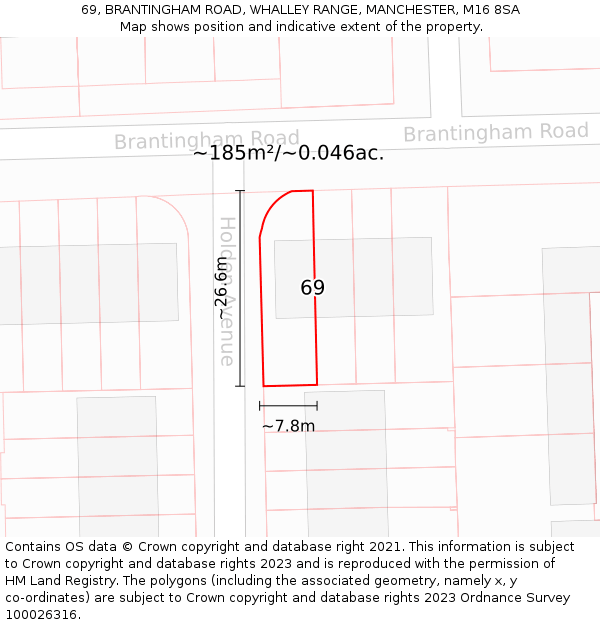 69, BRANTINGHAM ROAD, WHALLEY RANGE, MANCHESTER, M16 8SA: Plot and title map