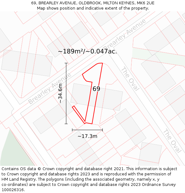69, BREARLEY AVENUE, OLDBROOK, MILTON KEYNES, MK6 2UE: Plot and title map