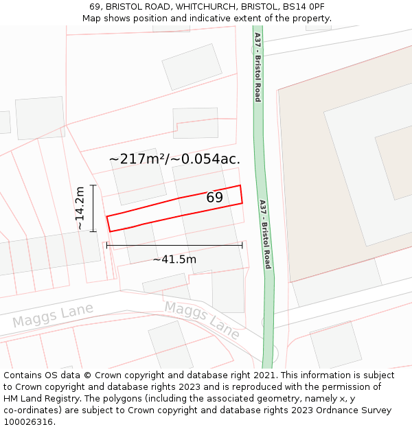 69, BRISTOL ROAD, WHITCHURCH, BRISTOL, BS14 0PF: Plot and title map