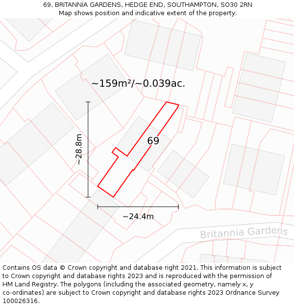 69, BRITANNIA GARDENS, HEDGE END, SOUTHAMPTON, SO30 2RN: Plot and title map