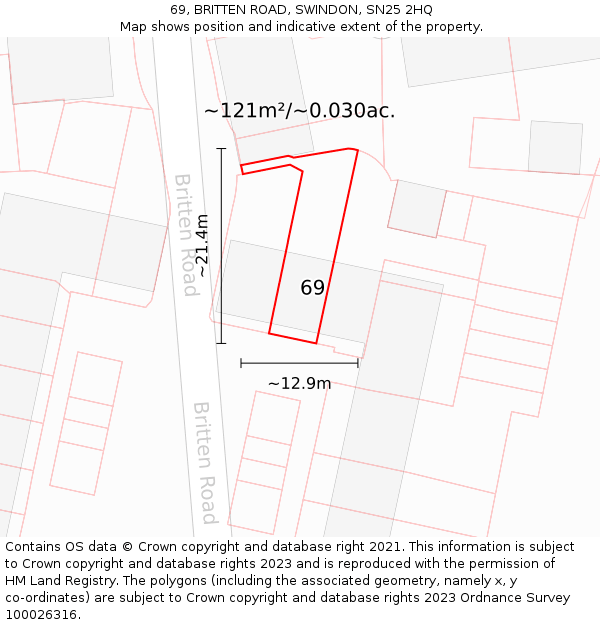 69, BRITTEN ROAD, SWINDON, SN25 2HQ: Plot and title map