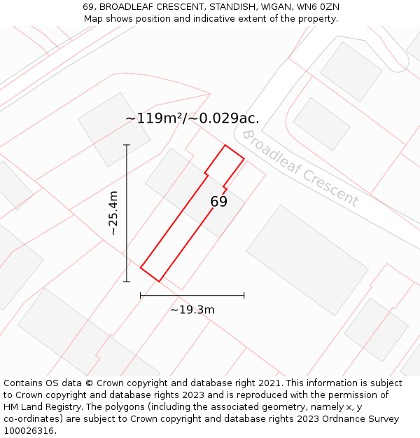 69, BROADLEAF CRESCENT, STANDISH, WIGAN, WN6 0ZN: Plot and title map
